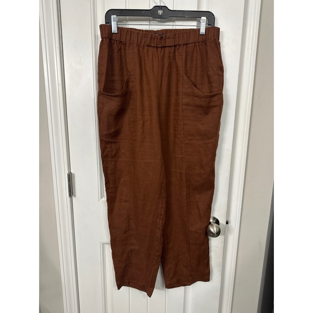 Quince Brown 100% European Linen Relaxed Elastic Waist Crop Pants Womens Medium